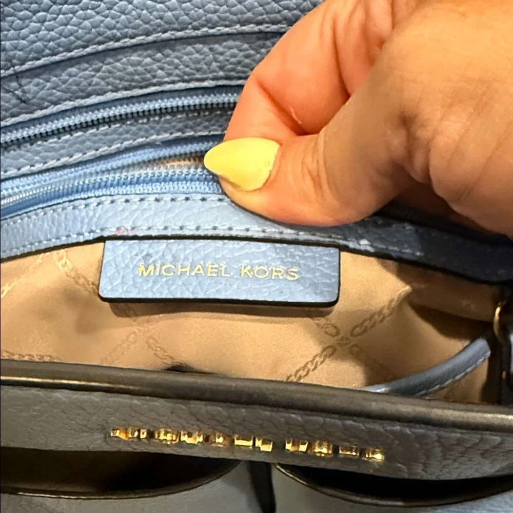 Michael Kors Blue Tote Tan Handles leather beach purse handbag designer sky